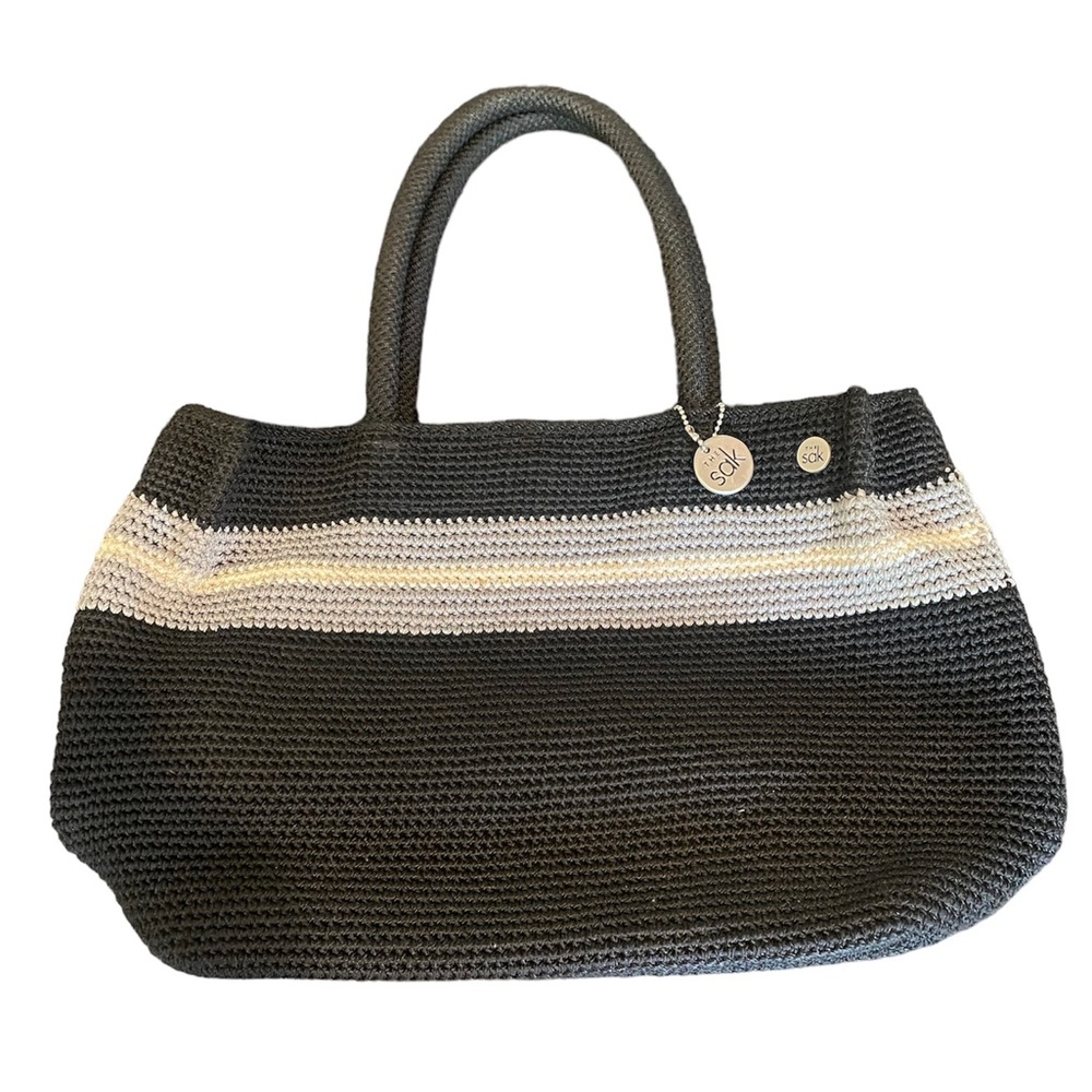 Sak Crocheted Shoulder Bag Purse Black with Grey White Stripes